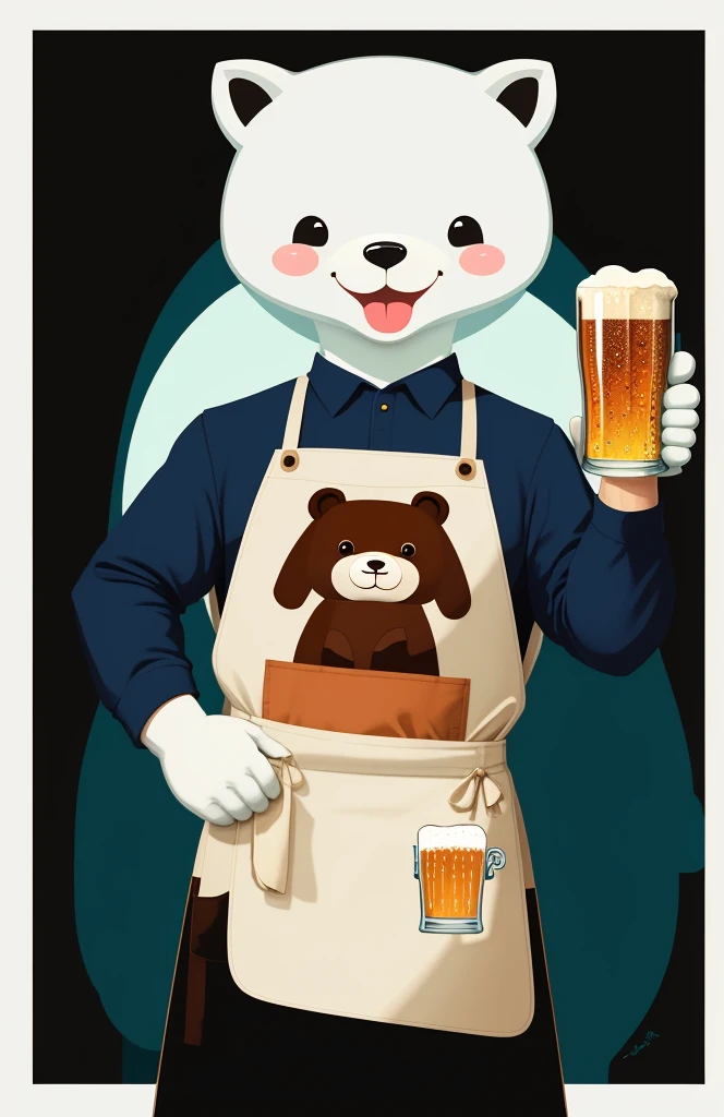 white bear,Beer in the right hand,Waist apron,illustratio,A smile,cute little,Deformed