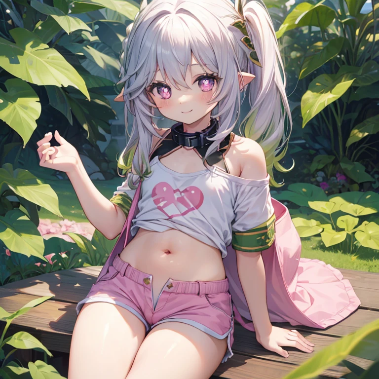 Best Quality, top-quality、(cute petit girl:1.3),Beautiful pink eyes、flat chest、、(Cuteness beyond limits)、Shining thighs、((Cute smile))、tiedh a collar、Show your belly button、tshihotpants、Open the crotch、bend knee