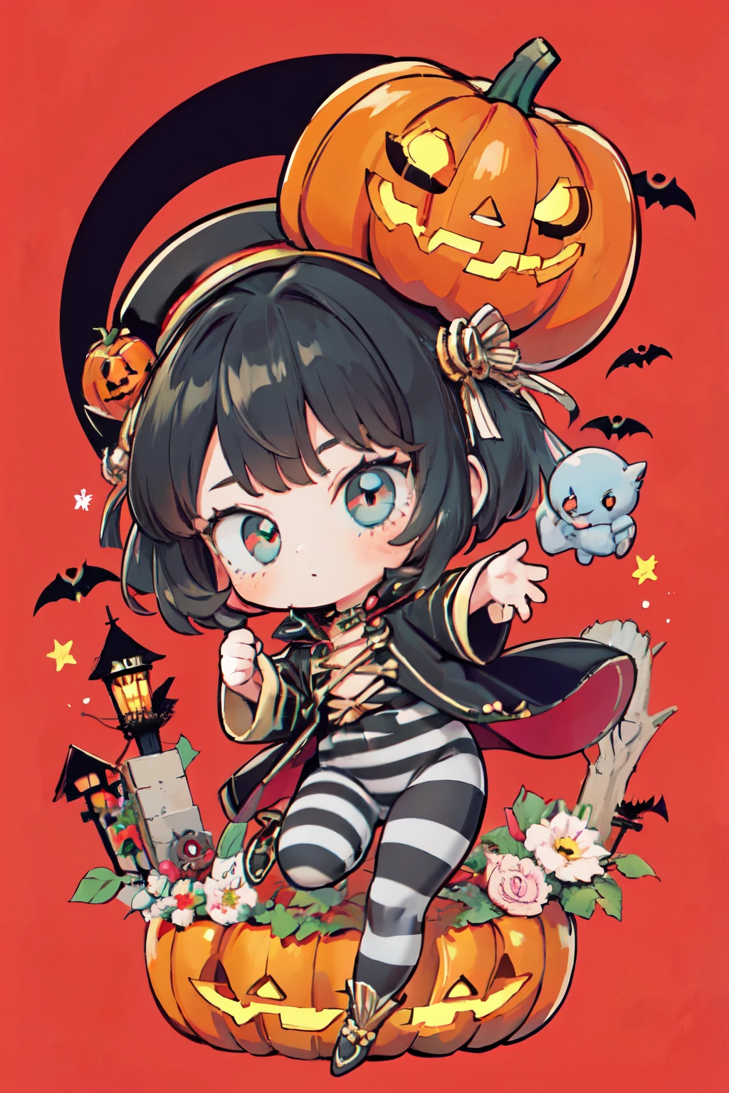 1girl, cute, halloween, pumpkin, pattern, blue cat, striped hat, stripe leggings, fullbody, design, character design, visual dev, adopt, adoptable art, deviantart, da, cute chibi