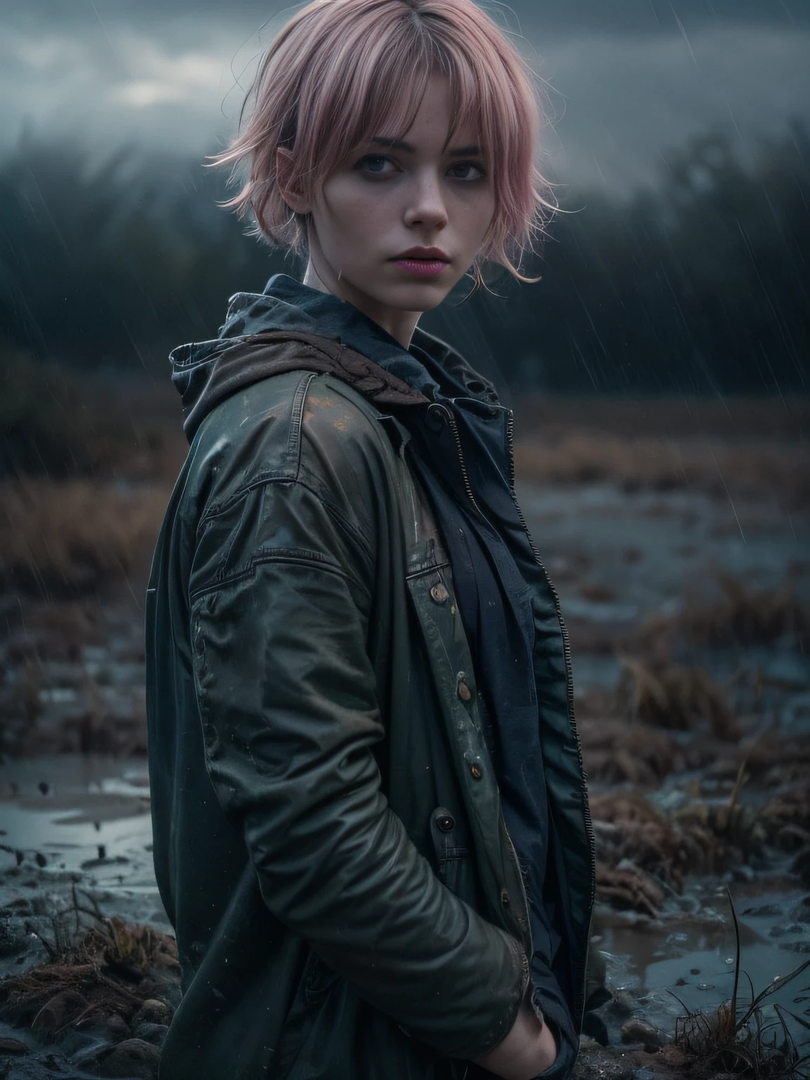 (Best Quality,hight resolution,Masterpiece, Overhead view:1.20),Ultra-detailed,The woman,Wide flares on jeans,sickly,drowning in a swamp,standingn:1.2, fetish,disappointing, Posing, overcomes shame:1.3, (at the bottom of a mud pit:1.3),gloomy ecstasy,fetish,dark gloomy atmosphere,gritty texture,melancholic expression on his face,mysterious aura,foggy background,Subtle color palette,provocative pose,Strong emotions,Coming Out of the Depths of Despair,Piercing gaze,intense shadows,Plunged in Darkness,Rugged terrain,ominous vibe,A supernatural sensation,asymmetrical bangs, freckles, pink short hair, Bangs, freckles, gray eyes,