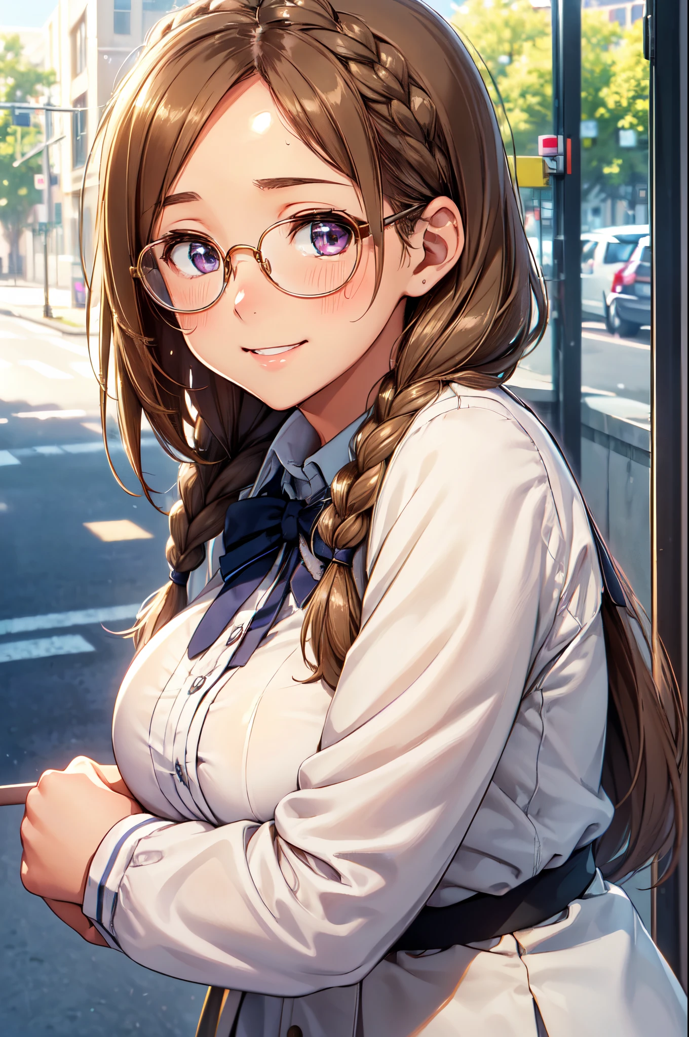 (High quality, High resolution, Fine details), Sidewalk, View from side, solo, girl, Light brown hair in braids, School uniform, sparkling eyes, (Large round-framed glasses), (Detailed eyes), Large breasts, ((Gentle smile)), blush, Sweat, Oily skin, (Focus face), shallow depth of field