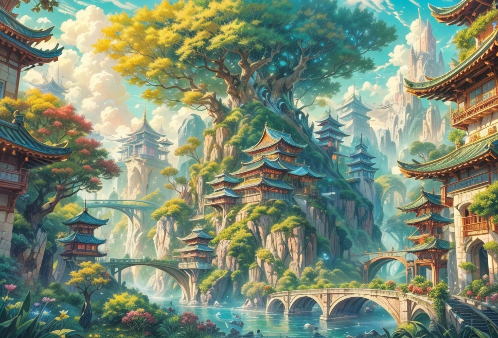 (((A utopian world with futuristic science fiction and fairy tale elements,Mechanical metal combined with classical mythological elements))),(In this illustration of a utopian world,Describe a fairy tale、An ideal country with science fiction elements。The background is a majestic city,The architectural style combines futuristic and sci-fi elements。Soaring towers and modern glass buildings complement ancient pavilions and temples。The city is surrounded by a verdant forest and clear river,Showing the harmonious coexistence of man and nature。In the heart of the city),(There is a huge secret garden,There are all kinds of fantastic plants and creatures growing inside。There are trees that can talk.、Singing birds and various cute animals。In the corner of the garden,There is a huge castle,Its towers reach into the sky)。(science fiction elements:in this utopian world,Technology and nature coexist harmoniously。High-speed maglev trains shuttle through the city,People are flying freely in the air in environmentally friendly aircraft.。Cities are powered by solar energy、Renewable resources such as wind and water energy,Guaranteed ecological sustainable development)。(Cultures:in this utopian world,Cultures of various countries coexist harmoniously,People respect and learn from each other's traditions and customs。There are various styles of buildings in the city、Sculpture and Artwork,Showcasing the essence of cultures from around the world), (The is very detailed, Well designed, Clear lines, k hd, Best quality at best, tmasterpiece, offcial art, movie light effect, 8K), (Perspectives, first person perspective, Ghibli-style colors, Luminism, 电影灯光, hyper HD, tmasterpiece, acurate, Anatomically correct, ctextured skin, super detailing, high detal, high qulity, Award-Awarded, Best quality at best, 16k), ((RGB palette,Ultra-high saturation,Fine picture))