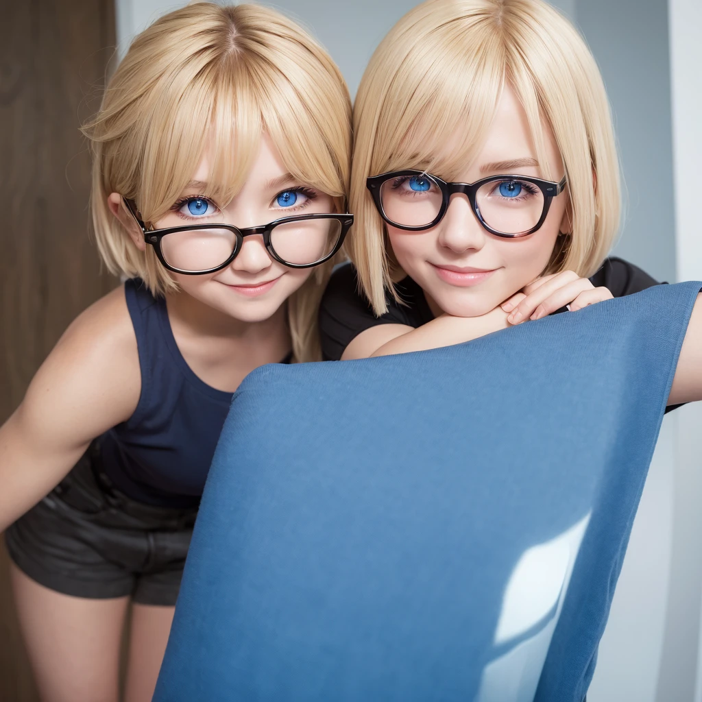 1 girl, Rounded glass, big glasses, Smiling, looking at the camera, Short tousled blonde hair, rounded blue eyes, blue blue shirt, black shorts, close up,  dynamicpose