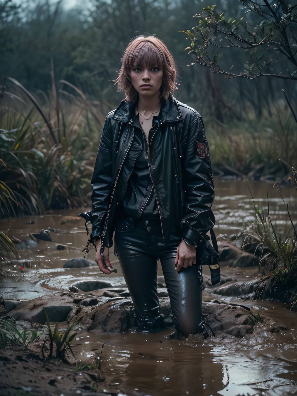 (Best Quality,hight resolution,Masterpiece, Overhead view:1.20),Ultra-detailed,The woman,Wide flares on jeans,sickly,drowning in a swamp,standingn:1.2, fetish,disappointing, Posing, overcomes shame:1.3, (at the bottom of a mud pit:1.3),gloomy ecstasy,fetish,dark gloomy atmosphere,gritty texture,melancholic expression on his face,mysterious aura,foggy background,Subtle color palette,provocative pose,Strong emotions,Coming Out of the Depths of Despair,Piercing gaze,intense shadows,Plunged in Darkness,Rugged terrain,ominous vibe,A supernatural sensation,asymmetrical bangs, freckles, pink short hair, Bangs, freckles, gray eyes,
