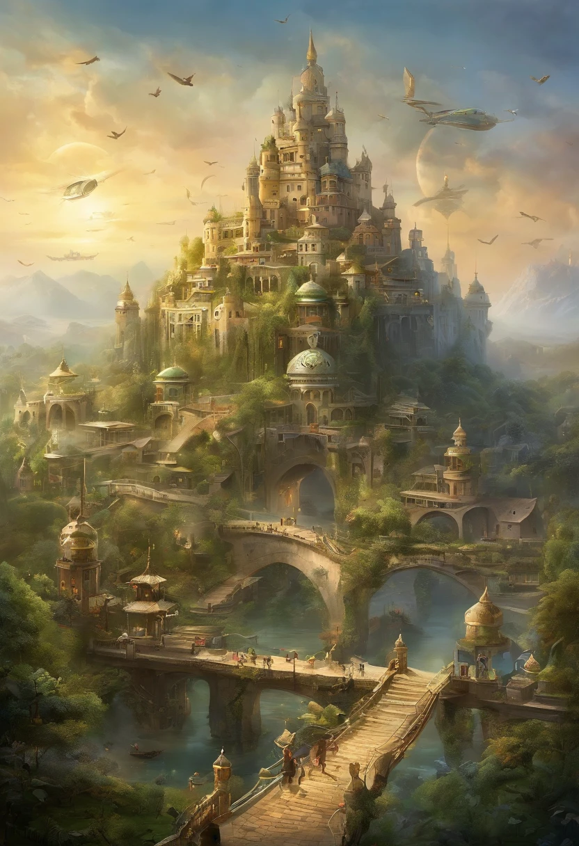 (((A utopian world with futuristic science fiction and fairy tale elements，Mechanical metal combined with classical mythological elements)))，(In this illustration of a utopian world，Describe a fairy tale、An ideal country with science fiction elements。The background is a majestic city，The architectural style combines futuristic and sci-fi elements。Soaring towers and modern glass buildings complement ancient pavilions and temples。The city is surrounded by a verdant forest and clear river，Showing the harmonious coexistence of man and nature。In the heart of the city)，(There is a huge secret garden，There are all kinds of fantastic plants and creatures growing inside。There are trees that can talk.、Singing birds and various cute animals。In the corner of the garden，There is a huge castle，Its towers reach into the sky)。(science fiction elements：in this utopian world，Technology and nature coexist harmoniously。High-speed maglev trains shuttle through the city，People are flying freely in the air in environmentally friendly aircraft.。Cities are powered by solar energy、Renewable resources such as wind and water energy，Guaranteed ecological sustainable development)。(Cultures：in this utopian world，Cultures of various countries coexist harmoniously，People respect and learn from each other&#39;s traditions and customs。There are various styles of buildings in the city、Sculpture and Artwork，Showcasing the essence of cultures from around the world), (The is very detailed, Well designed, Clear lines, k hd, Best quality at best, tmasterpiece, offcial art, movie light effect, 8K)， (Perspectives, first person perspective, Ghibli-style colors, Luminism, 电影灯光, hyper HD, tmasterpiece, acurate, Anatomically correct, ctextured skin, super detailing, high detal, high qulity, Award-Awarded, Best quality at best, 16k)