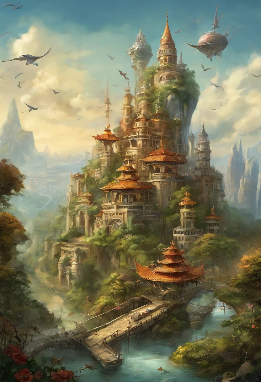 (((A utopian world with futuristic science fiction and fairy tale elements,Mechanical metal combined with classical mythological elements))),(In this illustration of a utopian world,Describe a fairy tale、An ideal country with science fiction elements。The background is a majestic city,The architectural style combines futuristic and sci-fi elements。Soaring towers and modern glass buildings complement ancient pavilions and temples。The city is surrounded by a verdant forest and clear river,Showing the harmonious coexistence of man and nature。In the heart of the city),(There is a huge secret garden,There are all kinds of fantastic plants and creatures growing inside。There are trees that can talk.、Singing birds and various cute animals。In the corner of the garden,There is a huge castle,Its towers reach into the sky)。(science fiction elements:in this utopian world,Technology and nature coexist harmoniously。High-speed maglev trains shuttle through the city,People are flying freely in the air in environmentally friendly aircraft.。Cities are powered by solar energy、Renewable resources such as wind and water energy,Guaranteed ecological sustainable development)。(Cultures:in this utopian world,Cultures of various countries coexist harmoniously,People respect and learn from each other's traditions and customs。There are various styles of buildings in the city、Sculpture and Artwork,Showcasing the essence of cultures from around the world), (The is very detailed, Well designed, Clear lines, k hd, Best quality at best, tmasterpiece, offcial art, movie light effect, 8K), (Perspectives, first person perspective, Ghibli-style colors, Luminism, 电影灯光, hyper HD, tmasterpiece, acurate, Anatomically correct, ctextured skin, super detailing, high detal, high qulity, Award-Awarded, Best quality at best, 16k), ((RGB palette,Ultra-high saturation,Fine picture))