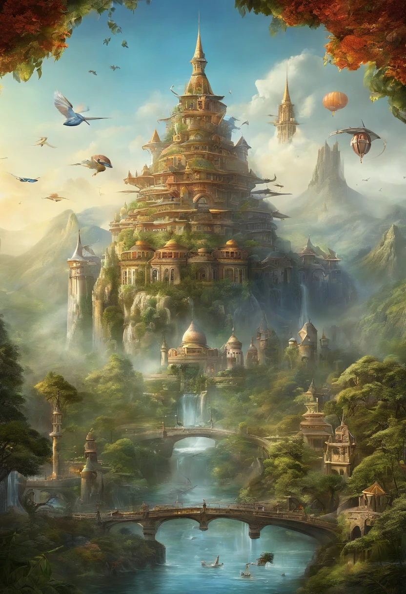 (((A utopian world with futuristic science fiction and fairy tale elements,Mechanical metal combined with classical mythological elements))),(In this illustration of a utopian world,Describe a fairy tale、An ideal country with science fiction elements。The background is a majestic city,The architectural style combines futuristic and sci-fi elements。Soaring towers and modern glass buildings complement ancient pavilions and temples。The city is surrounded by a verdant forest and clear river,Showing the harmonious coexistence of man and nature。In the heart of the city),(There is a huge secret garden,There are all kinds of fantastic plants and creatures growing inside。There are trees that can talk.、Singing birds and various cute animals。In the corner of the garden,There is a huge castle,Its towers reach into the sky)。(science fiction elements:in this utopian world,Technology and nature coexist harmoniously。High-speed maglev trains shuttle through the city,People are flying freely in the air in environmentally friendly aircraft.。Cities are powered by solar energy、Renewable resources such as wind and water energy,Guaranteed ecological sustainable development)。(Cultures:in this utopian world,Cultures of various countries coexist harmoniously,People respect and learn from each other's traditions and customs。There are various styles of buildings in the city、Sculpture and Artwork,Showcasing the essence of cultures from around the world), (The is very detailed, Well designed, Clear lines, k hd, Best quality at best, tmasterpiece, offcial art, movie light effect, 8K), (Perspectives, first person perspective, Ghibli-style colors, Luminism, 电影灯光, hyper HD, tmasterpiece, acurate, Anatomically correct, ctextured skin, super detailing, high detal, high qulity, Award-Awarded, Best quality at best, 16k), ((RGB palette,Ultra-high saturation,Fine picture))
