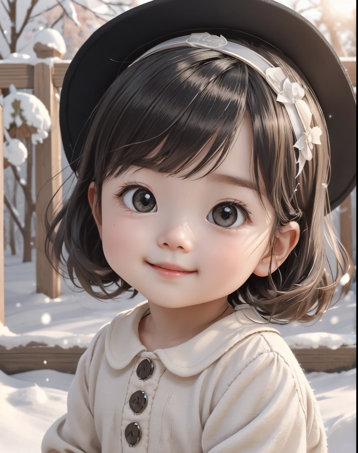 best qualtiy，1girll， a ， ssmile， adolable， C4D，This cute baby faceon a young girl。Her face is petite and delicate，It reveals an atmosphere of youth and innocence。Her complexion was as white as snow，It appears pure and transparent in sunlight。