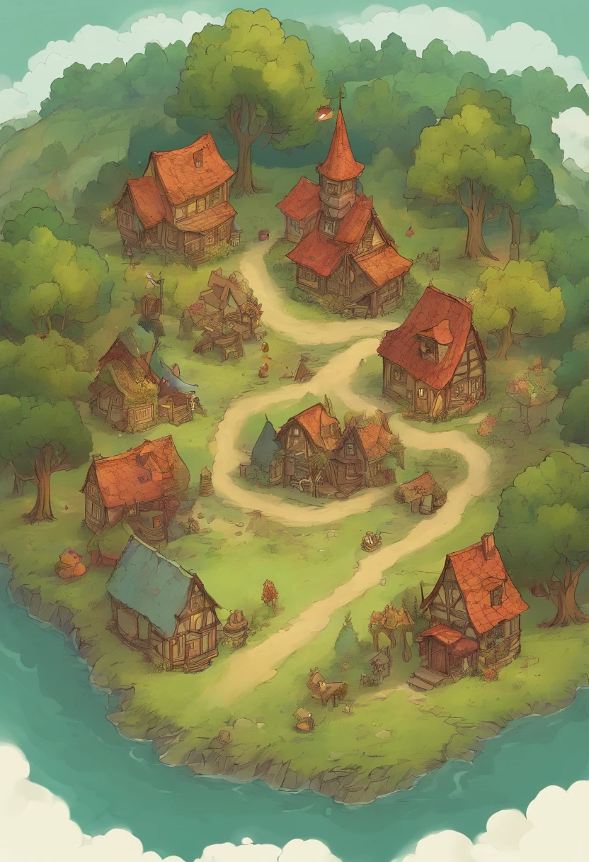 small town that straddles a road in a large forest clearing, up in flames with smoke pouring out into the open sky