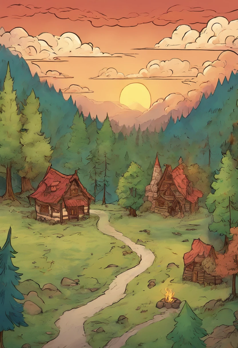 small town that straddles a road in a large forest clearing, up in flames with smoke pouring out into the open sky