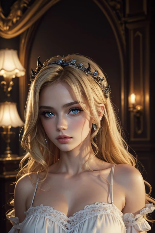 (best quality, highres, masterpiece:1.2), ultra-detailed, realistic: 1.37, HDR, studio lighting, vivid colors, sharp focus, bokeh, Hyperréalistic, portraits, blond-haired princess, detailed eyes, detailed lips, sensuous scene, nightgown, bedroom, hypnotized, black hideous tentacular clawed demon, demon lover, Royo style.