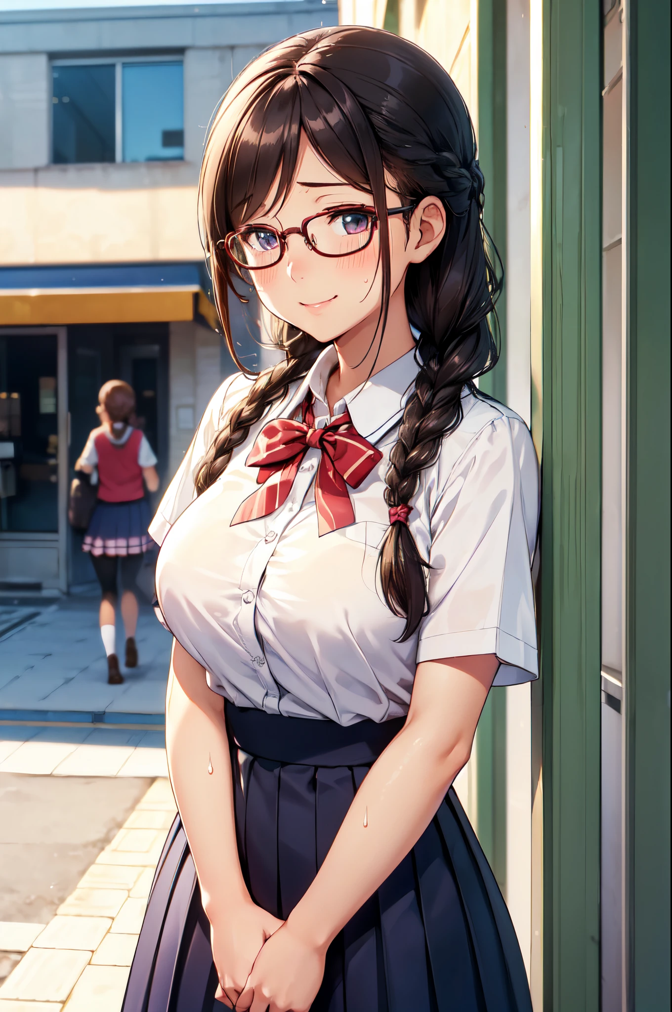 (High quality, High resolution, Fine details), Sidewalk, View from side, solo, girl, braid hair, School uniform, sparkling eyes, (Large round-framed glasses), (Detailed eyes), Large breasts, ((Gentle smile)), blush, Sweat, Oily skin, (Focus face), shallow depth of field