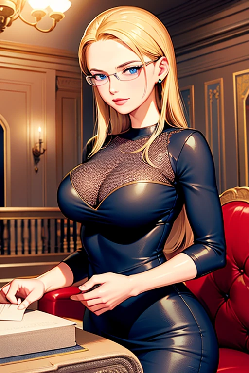 masterpiece, (ultra detailed background, delicate pattern, intricate detail), (highly detailed, fine details), best quality, beautiful lighting, (((medium breasts, slim girl))), (portrait, face shot),  KalifaV2, 1girl, solo, blonde hair, long hair, (black dress, glasses, jeans), blue eyes, jewelry, earrings, complex detailed background, inside, room environment, gray castle walls, brick walls, old building interior, spaceful room,