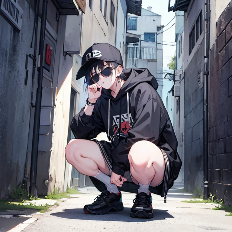 Hiphop fashion、18year old、man、Wearing a hood、wears sunglasses、Squatting in a back alley