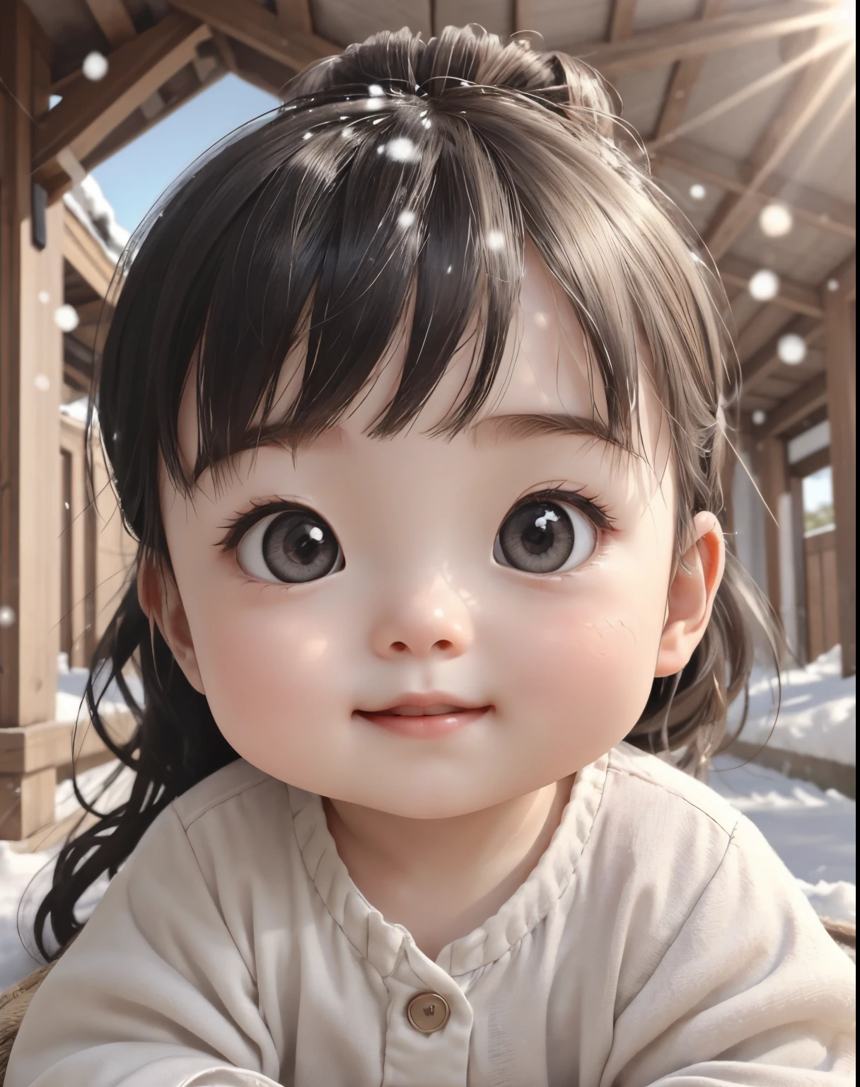 best qualtiy，1girll， a ， ssmile， adolable， C4D，This cute baby faceon a young girl。Her face is petite and delicate，It reveals an atmosphere of youth and innocence。Her complexion was as white as snow，It appears pure and transparent in sunlight。