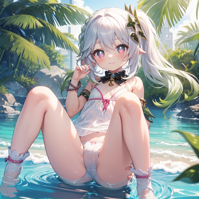 Best Quality, top-quality、(cute petit girl:1.3),Beautiful pink eyes、flat chest、Lori、(Cuteness beyond limits)、Shining thighs、((Cute smile))、tied up with a collar、White swimsuit、Open the crotch、Bend both knees