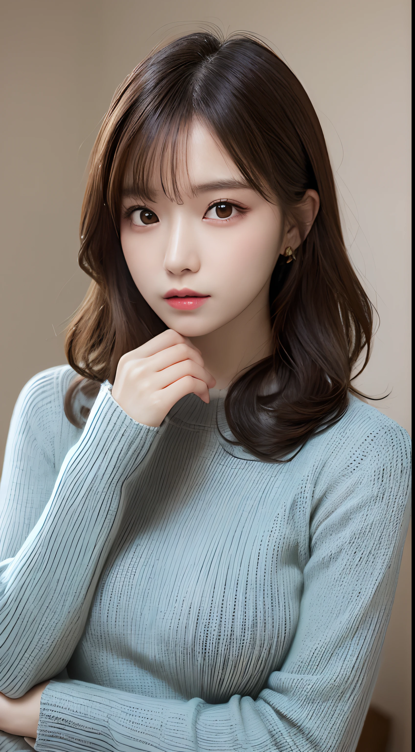 On the table, Best quality at best, illustratio, ultra - detailed, finely detailled, A high resolution, 8k wallpaper, Perfect dynamic composition, 美丽细致的眼睛, natural lips, long sleeve knitted dress, little breast, full bodyesbian, Strike any cute pose,RAW photogr,KPOP idol face