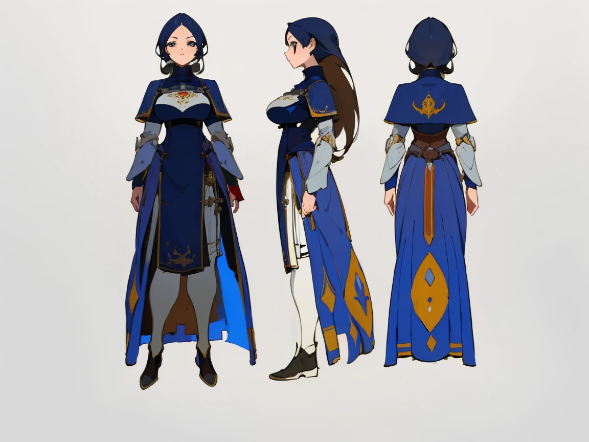 ((Masterpiece)), (((Best Quality))), (Character design sheet, The same full-length character, front, side, backboob), illustartion, 1 girl, Stunning facial features, uniform hair color, hairstyle, suit, Medieval dress (Simple background, whitebackground: 1.3)