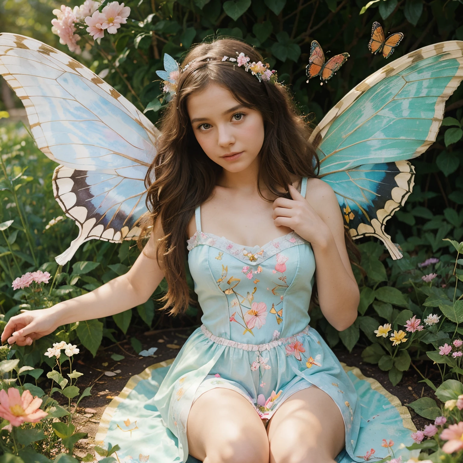 A beautiful girl in a fairy costume, surrounded by flowers and butterflies. Content: watercolor painting. Style: whimsical and delicate, like a children’s book illustration.