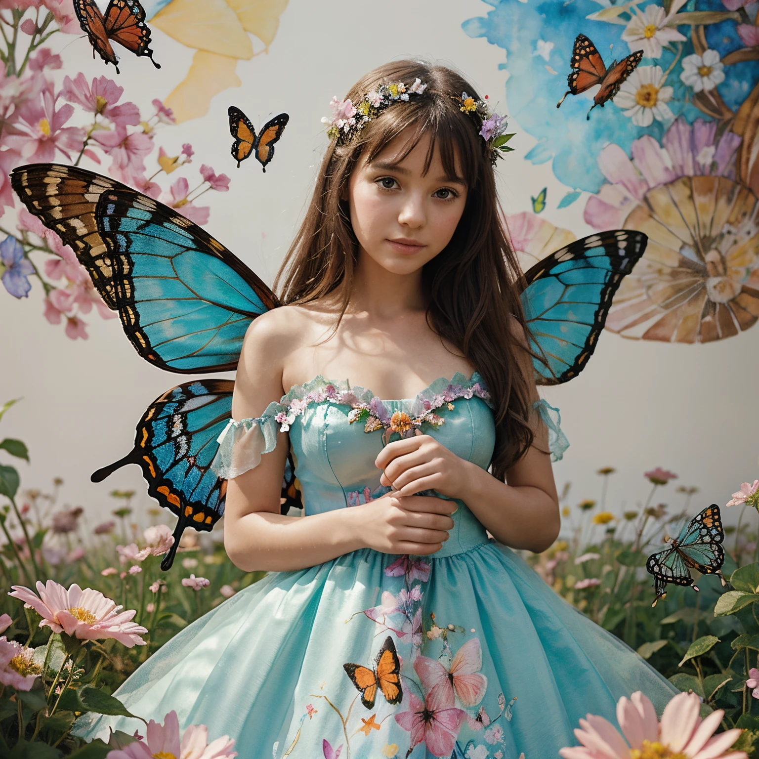 A beautiful girl in a fairy costume, surrounded by flowers and butterflies. Content: watercolor painting. Style: whimsical and delicate, like a children’s book illustration.