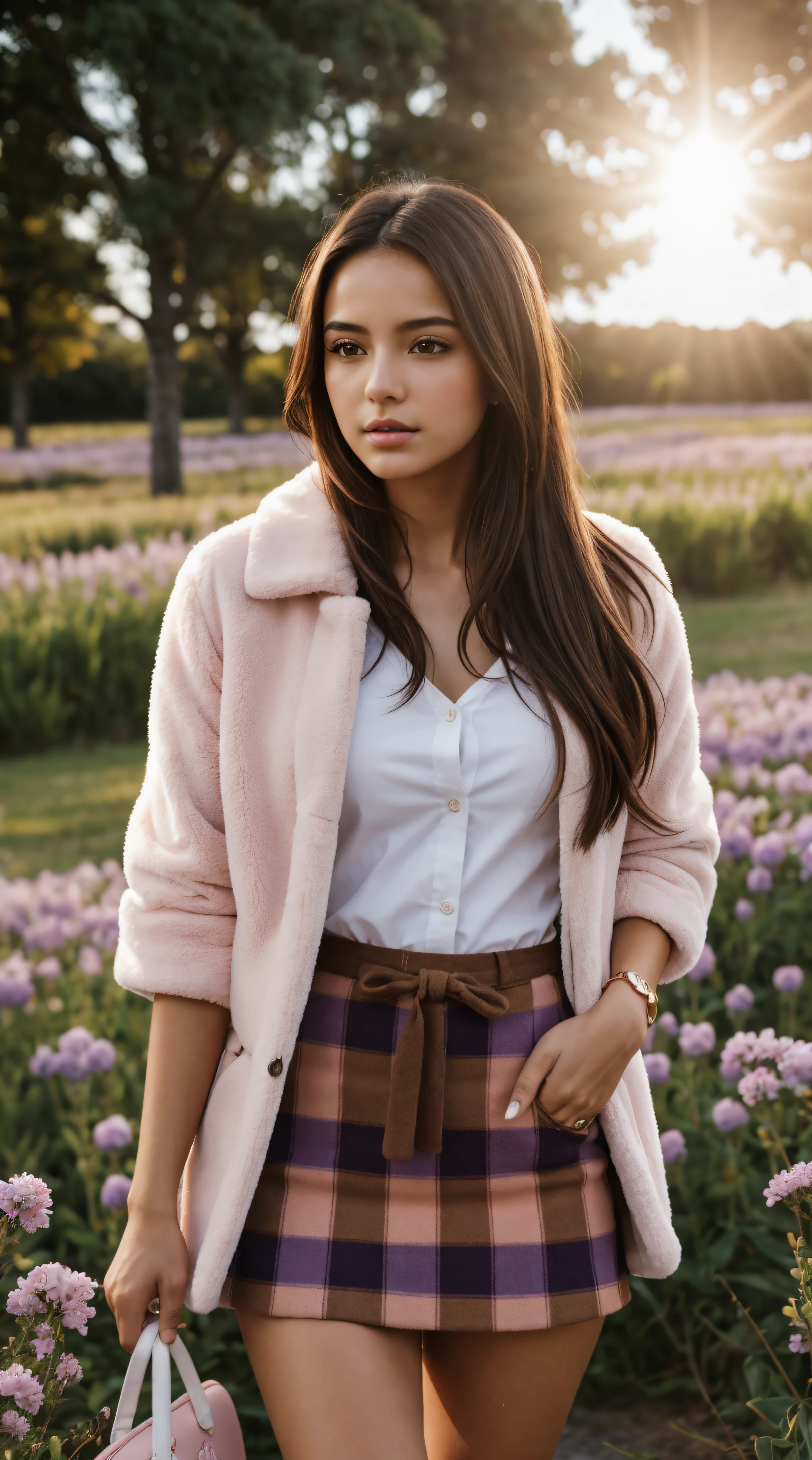 Clear Focus, Perfect focus, masterpiece of beauty art, beautiful young hispanic girl with brown eyes and long dark hair, Lush hairstyle, in a short plaid orange and white miniskirt and a fluffy short pink fur coat, Bright sun, blue sky with purple flowers , colored smoke behind her, high skin detail, Clean skin, High Quality 8K, 12), 36 mm