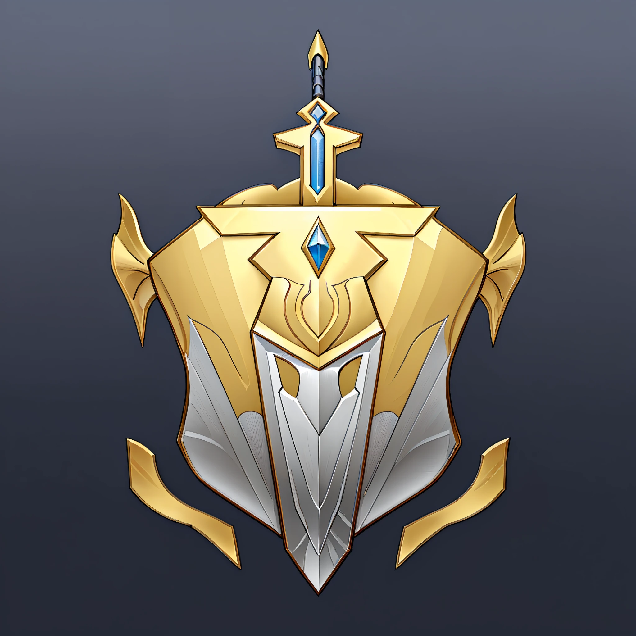 (tmasterpiece, top-quality, Best quality, offcial art, Two-dimensional style,Flat style,Beauty and aesthetics:1.2), (8K, Best quality, tmasterpiece:1.2),A shield, simple,blue,big sword,arma,badges,Metallic,golden colored,silver voice,,Symmetrical geometry,symmetric beauty,