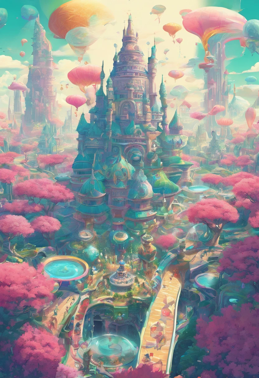(((A utopian world with futuristic science fiction and fairy tale elements，Mechanical metal combined with classical mythological elements)))，(In this illustration of a utopian world，Describe a fairy tale、An ideal country with science fiction elements。The background is a majestic city，The architectural style combines futuristic and sci-fi elements。Soaring towers and modern glass buildings complement ancient pavilions and temples。The city is surrounded by a verdant forest and clear river，Showing the harmonious coexistence of man and nature。In the heart of the city)，(There is a huge secret garden，There are all kinds of fantastic plants and creatures growing inside。There are trees that can talk.、Singing birds and various cute animals。In the corner of the garden，There is a huge castle，Its towers reach into the sky)。(science fiction elements：in this utopian world，Technology and nature coexist harmoniously。High-speed maglev trains shuttle through the city，People are flying freely in the air in environmentally friendly aircraft.。Cities are powered by solar energy、Renewable resources such as wind and water energy，Guaranteed ecological sustainable development)。(Cultures：in this utopian world，Cultures of various countries coexist harmoniously，People respect and learn from each other&#39;s traditions and customs。There are various styles of buildings in the city、Sculpture and Artwork，Showcasing the essence of cultures from around the world), (The is very detailed, Well designed, Clear lines, k hd, Best quality at best, tmasterpiece, offcial art, movie light effect, 8K)， (Perspectives, first person perspective, Ghibli-style colors, Luminism, 电影灯光, hyper HD, tmasterpiece, acurate, Anatomically correct, ctextured skin, super detailing, high detal, high qulity, Award-Awarded, Best quality at best, 16k)