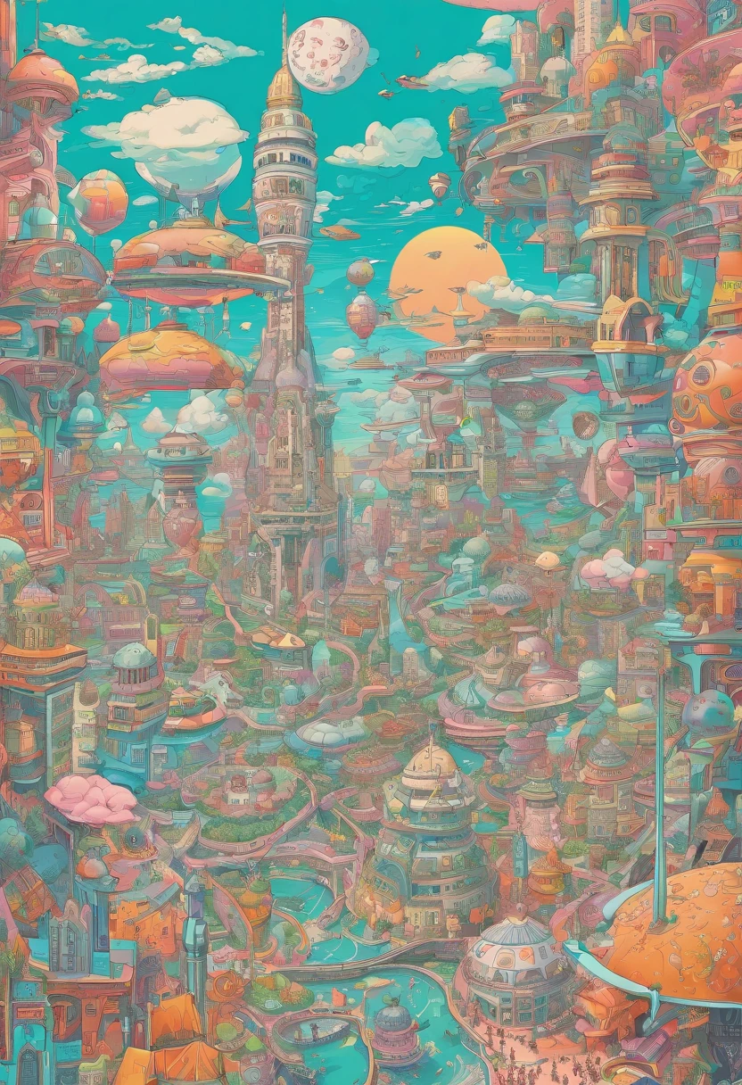 (((A utopian world with futuristic science fiction and fairy tale elements,Mechanical metal combined with classical mythological elements))),(In this illustration of a utopian world,Describe a fairy tale、An ideal country with science fiction elements。The background is a majestic city,The architectural style combines futuristic and sci-fi elements。Soaring towers and modern glass buildings complement ancient pavilions and temples。The city is surrounded by a verdant forest and clear river,Showing the harmonious coexistence of man and nature。In the heart of the city),(There is a huge secret garden,There are all kinds of fantastic plants and creatures growing inside。There are trees that can talk.、Singing birds and various cute animals。In the corner of the garden,There is a huge castle,Its towers reach into the sky)。(science fiction elements:in this utopian world,Technology and nature coexist harmoniously。High-speed maglev trains shuttle through the city,People are flying freely in the air in environmentally friendly aircraft.。Cities are powered by solar energy、Renewable resources such as wind and water energy,Guaranteed ecological sustainable development)。(Cultures:in this utopian world,Cultures of various countries coexist harmoniously,People respect and learn from each other's traditions and customs。There are various styles of buildings in the city、Sculpture and Artwork,Showcasing the essence of cultures from around the world), (The is very detailed, Well designed, Clear lines, k hd, Best quality at best, tmasterpiece, offcial art, movie light effect, 8K), (Perspectives, first person perspective, Ghibli-style colors, Luminism, 电影灯光, hyper HD, tmasterpiece, acurate, Anatomically correct, ctextured skin, super detailing, high detal, high qulity, Award-Awarded, Best quality at best, 16k), ((RGB palette,Ultra-high saturation,Fine picture))