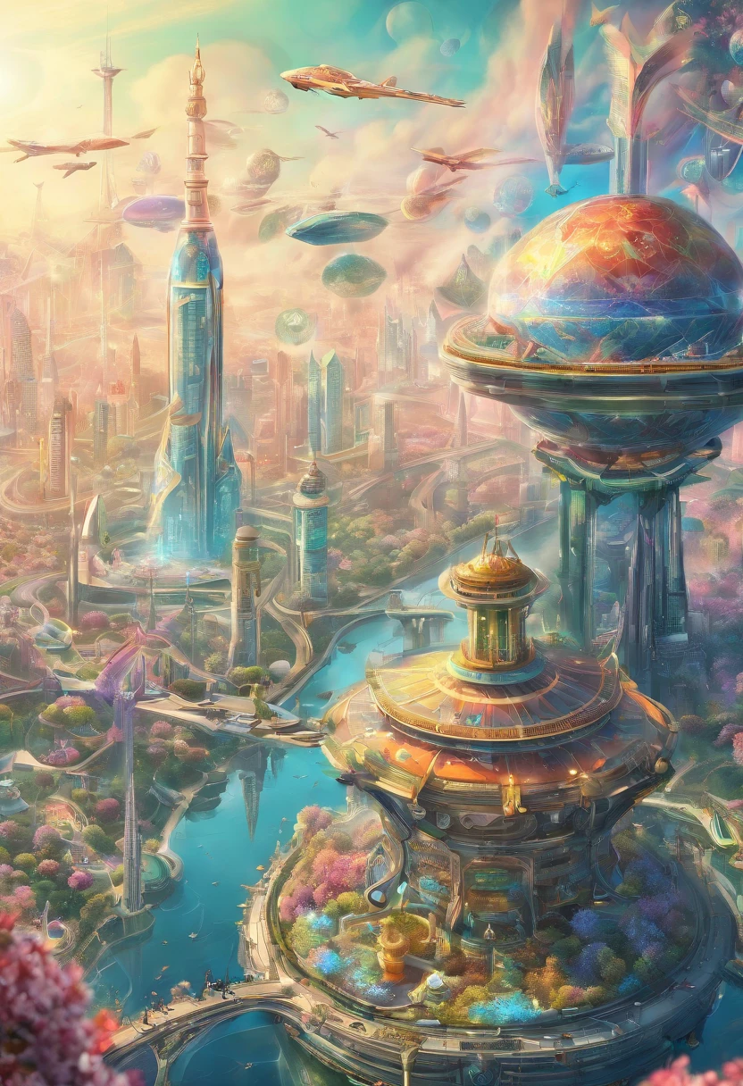 (((A utopian world with futuristic science fiction and fairy tale elements，Mechanical metal combined with classical mythological elements)))，(In this illustration of a utopian world，Describe a fairy tale、An ideal country with science fiction elements。The background is a majestic city，The architectural style combines futuristic and sci-fi elements。Soaring towers and modern glass buildings complement ancient pavilions and temples。The city is surrounded by a verdant forest and clear river，Showing the harmonious coexistence of man and nature。In the heart of the city)，(There is a huge secret garden，There are all kinds of fantastic plants and creatures growing inside。There are trees that can talk.、Singing birds and various cute animals。In the corner of the garden，There is a huge castle，Its towers reach into the sky)。(science fiction elements：in this utopian world，Technology and nature coexist harmoniously。High-speed maglev trains shuttle through the city，People are flying freely in the air in environmentally friendly aircraft.。Cities are powered by solar energy、Renewable resources such as wind and water energy，Guaranteed ecological sustainable development)。(Cultures：in this utopian world，Cultures of various countries coexist harmoniously，People respect and learn from each other&#39;s traditions and customs。There are various styles of buildings in the city、Sculpture and Artwork，Showcasing the essence of cultures from around the world), (The is very detailed, Well designed, Clear lines, k hd, Best quality at best, tmasterpiece, offcial art, movie light effect, 8K)， (Perspectives, first person perspective, Ghibli-style colors, Luminism, 电影灯光, hyper HD, tmasterpiece, acurate, Anatomically correct, ctextured skin, super detailing, high detal, high qulity, Award-Awarded, Best quality at best, 16k)