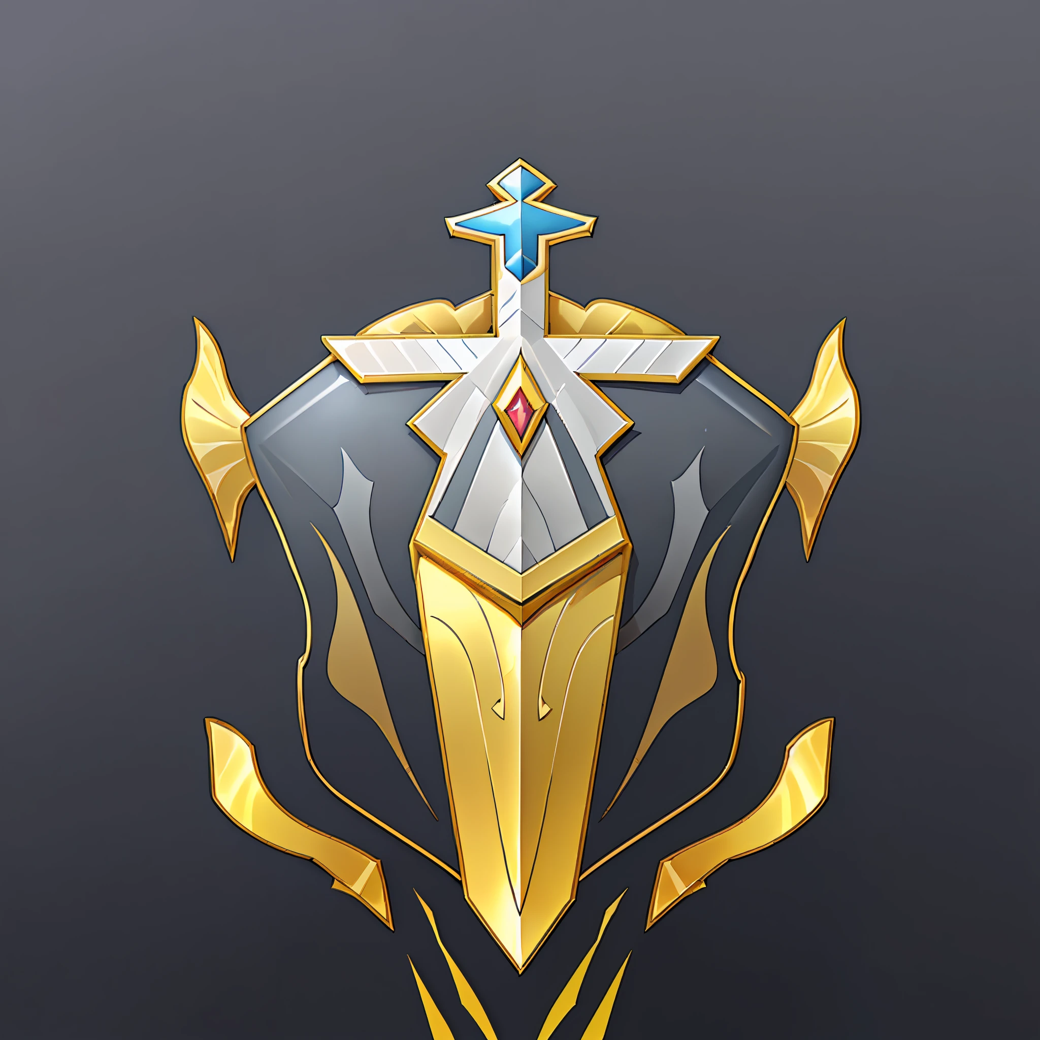 (tmasterpiece, top-quality, Best quality at best, offcial art, Two-dimensional style，flat form style，Beauty and aesthetics:1.2), (8K, Best quality at best, tmasterpiece:1.2),A shield, simple，big sword，arma，badges，Metallic，golden colored，silver sound，blue escurro，Symmetrical geometry，symmetric beauty，