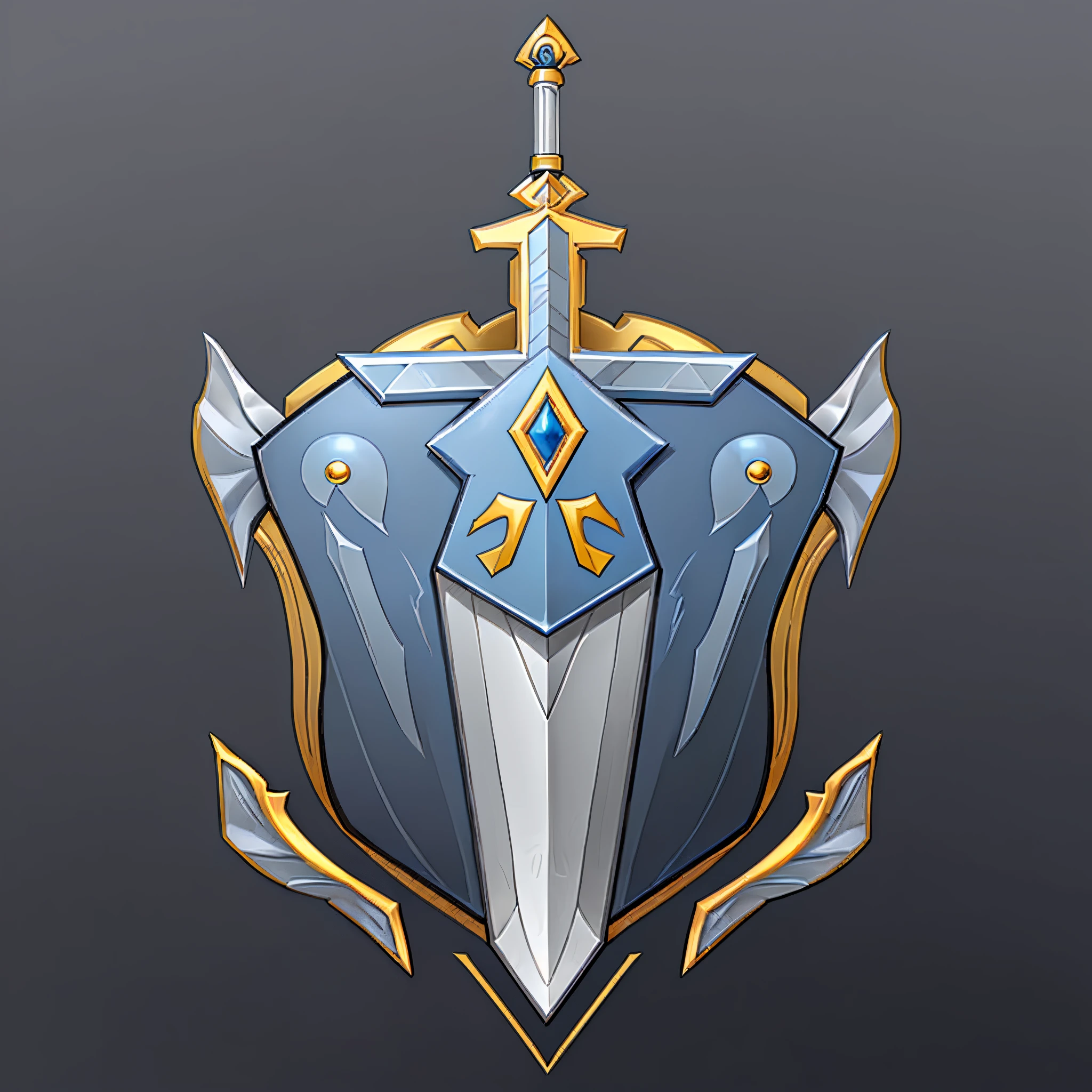 (tmasterpiece, top-quality, Best quality, offcial art, Two-dimensional style,Flat style,Beauty and aesthetics:1.2), (8K, Best quality, tmasterpiece:1.2),A shield, simple,big sword,arma,badges,Metallic,golden colored,silver voice,blue escurro,Symmetrical geometry,symmetric beauty,