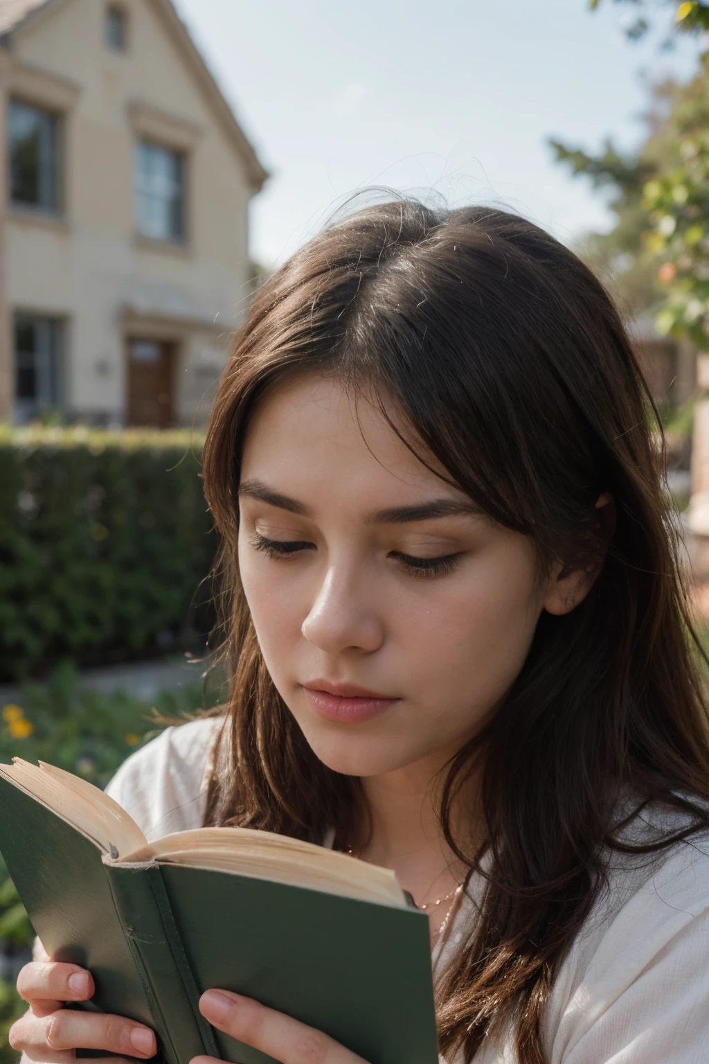 (close-up shot),(best quality,highres),girl reading a book,intense focus on her face,tranquil and concentrated expression,subtle facial expressions,deep concentration,peaceful atmosphere,beautiful detailed eyes,beautiful detailed lips,soft natural light,book pages fluttering,soft gentle breeze,whisper of pages turning,serene background,elegant posture,fine details in her hair and dress,sunlit garden,muted color palette,intricate patterns on the book cover.