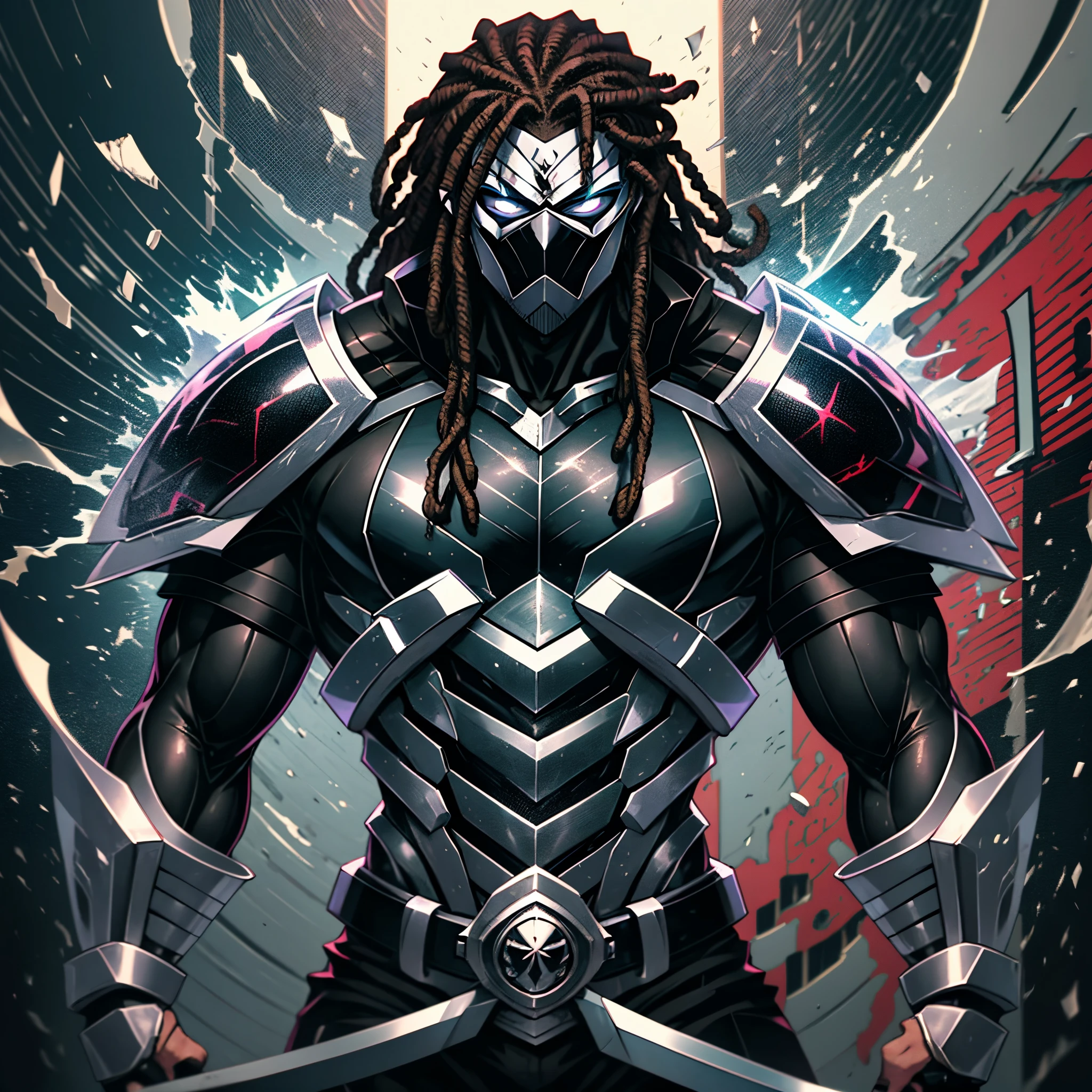 black man with a black suit and a mask covering his hole face with long black dreads ,he is reading manga and watching anime ,he has a well built body and fighting equipment on his lower body and a big sword on his back --auto --s2