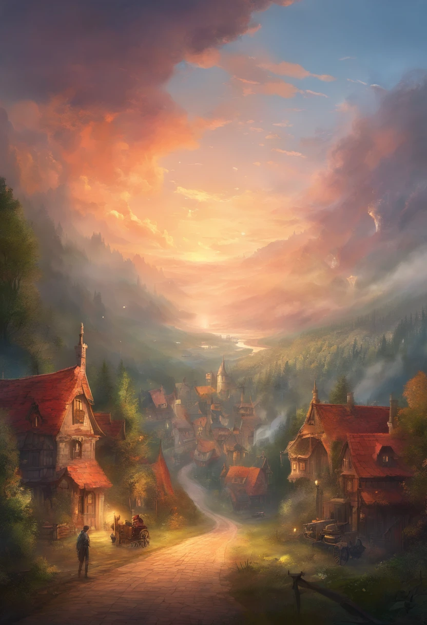 small town that straddles a road in a large forest clearing. The entire town is up in flames with smoke pouring out into the open sky above, looking like a town under siege