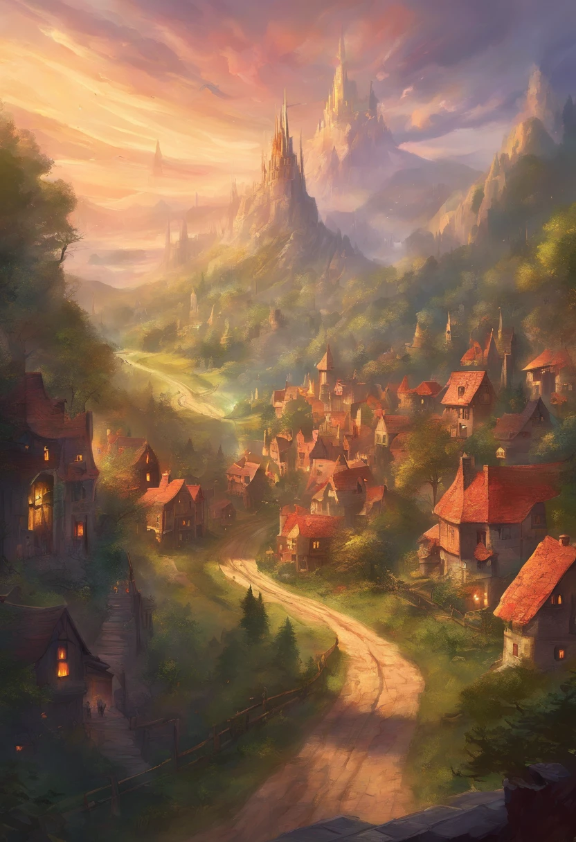 small town that straddles a road in a large forest clearing. The entire town is up in flames with smoke pouring out into the open sky above, looking like a town under siege