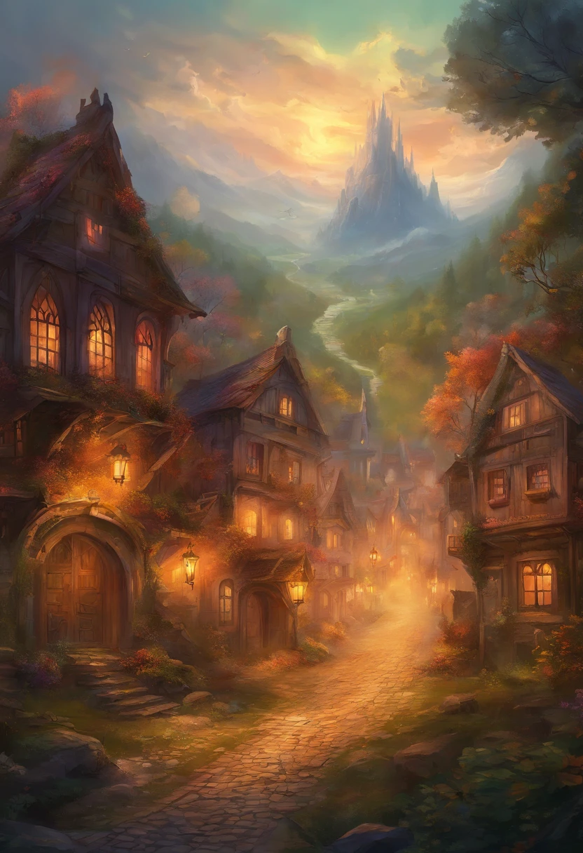 small town that straddles a road in a large forest clearing. The entire town is up in flames with smoke pouring out into the open sky above, looking like a town under siege