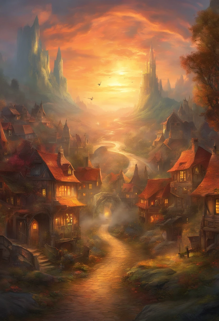 small town that straddles a road in a large forest clearing. The entire town is up in flames with smoke pouring out into the open sky above, looking like a town under siege