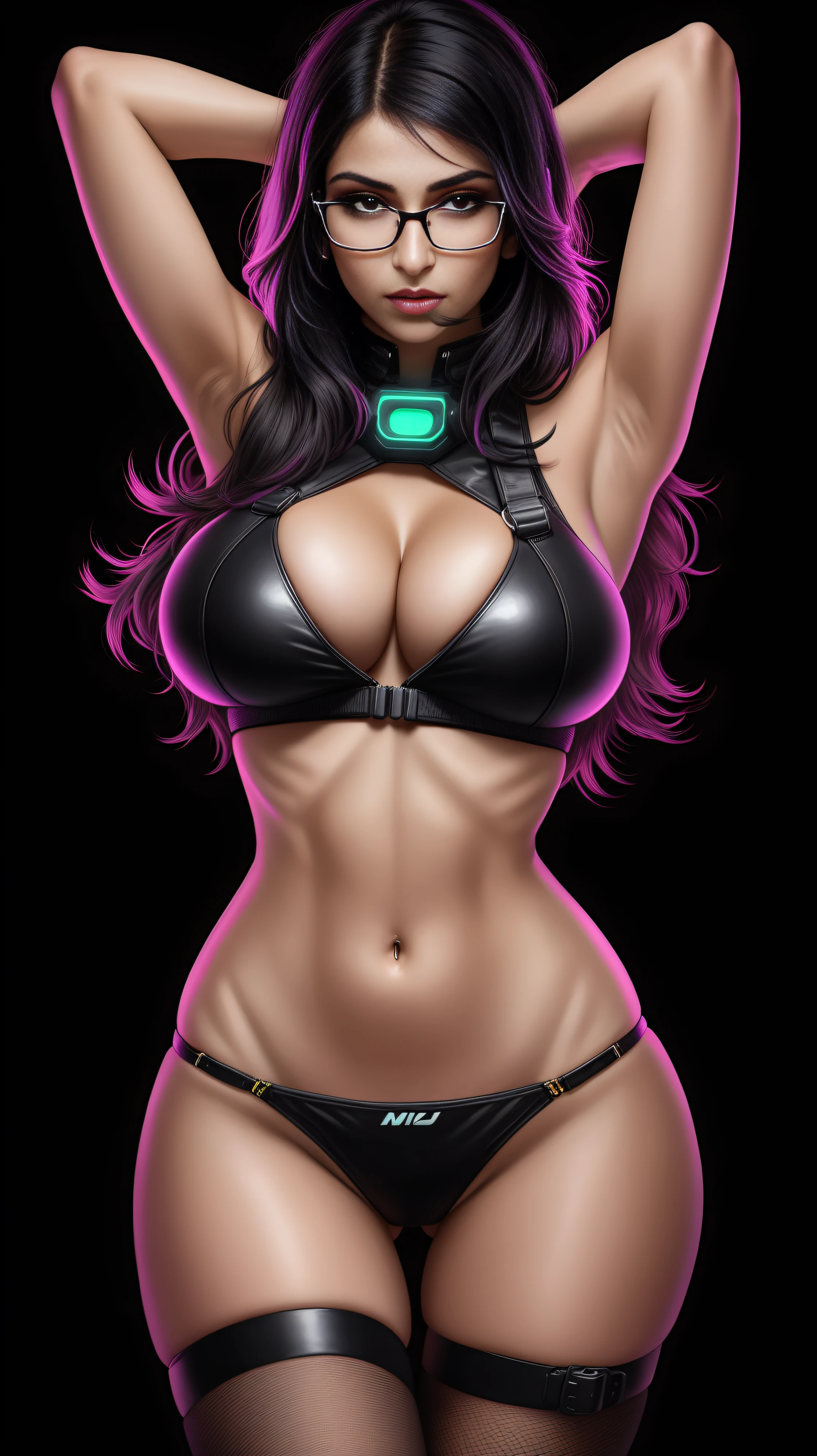 there is Mia Khalifa standing, 3 d neon art of a womans body, neon-noir background, cyberpunk femme fatale, seductive cyberpunk dark fantasy, cyberpunk strip clubs, cyberpunk 20 y. o model girl, oppai cyberpunk, banner, high definition cgsociety, cgsociety masterpiece, trending on cgstation, kda, random hair, looking at camera, gigantic breasts, cleavage, (high detailed skin:1.2), 8k uhd, dslr, super lighting, high quality, film grain, high res, highly detailed, hyper realistic, beautiful face, beautiful body, beautiful eyes nose lips, alluring expression, very bold, upper boobs visible, full body photo, standing legs apart, pale translucent glowing skin, most beautiful face, cute, (well defined pubic hair:1.2)), (dark plain black background:1.4))