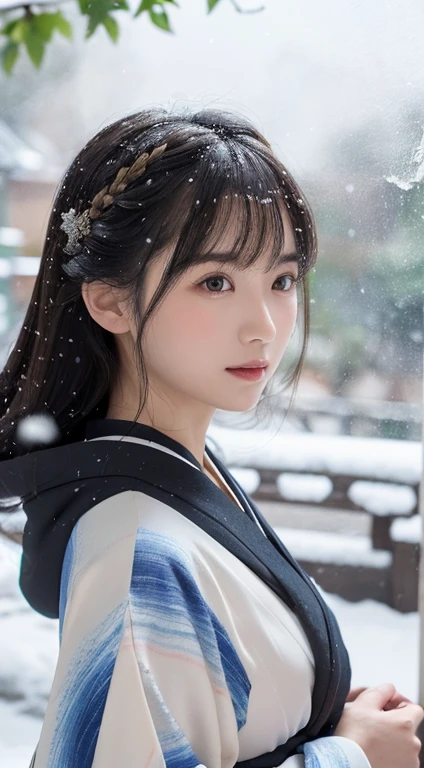 (Kimono)、、(top-quality,​masterpiece:1.3,超A high resolution,),(ultra-detailliert,Caustics),(Photorealsitic:1.4,RAW shooting,)Ultra-realistic capture,A highly detailed,high-definition16Kfor human skin、 Skin texture is natural、、The skin looks healthy with an even tone、 Use natural light and color,One Woman,japanes,,kawaii,A dark-haired,Middle hair,(depth of fields、chromatic abberation、、Wide range of lighting、Natural Shading、)、、(Falling snow:1.3)、(Hair swaying in the wind:1.2)、(Snow reflects light:1.3)