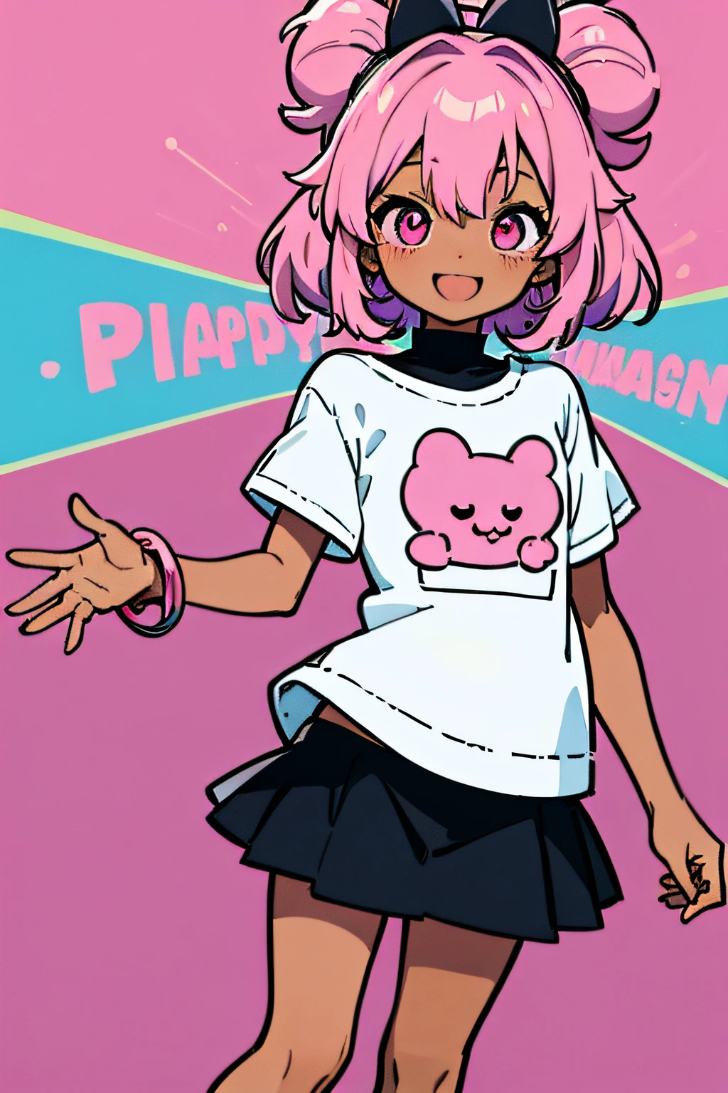 A black girl with, pastel outfit, pink hair, pink eyes, happy, kawaii, black skinned girl