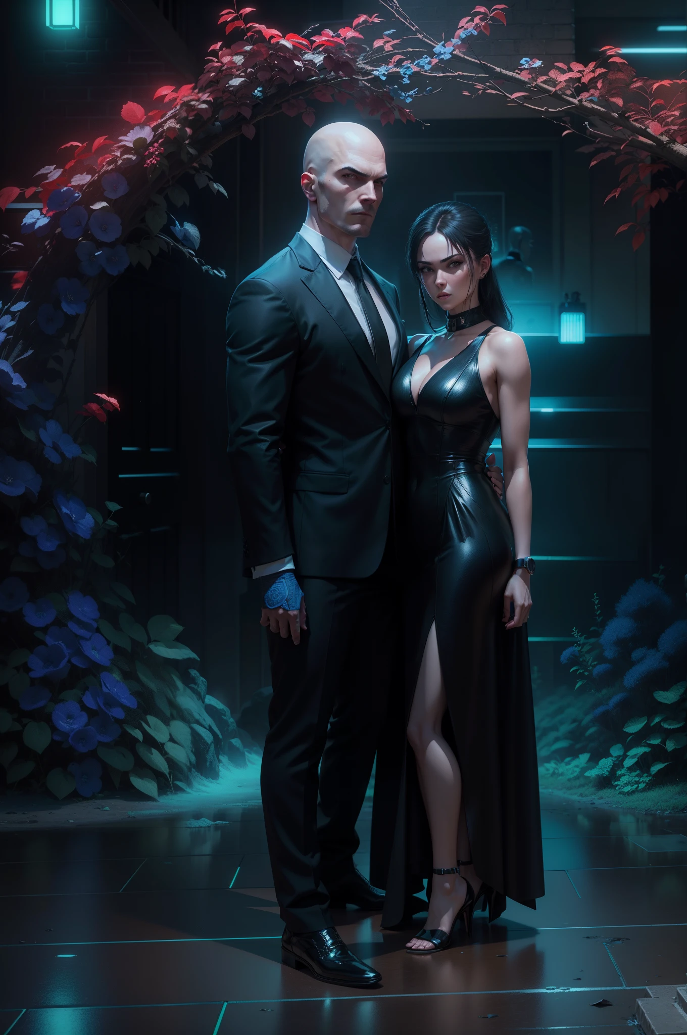 Hitman and the Assassin, agents on an exciting mission, matrix background blur neon glow light effects realistic night vision huge architecture combination of red and blue light, Detailed skin and face, 8K UHD Graphics, Ray tracing Nvidia RTX 4090
