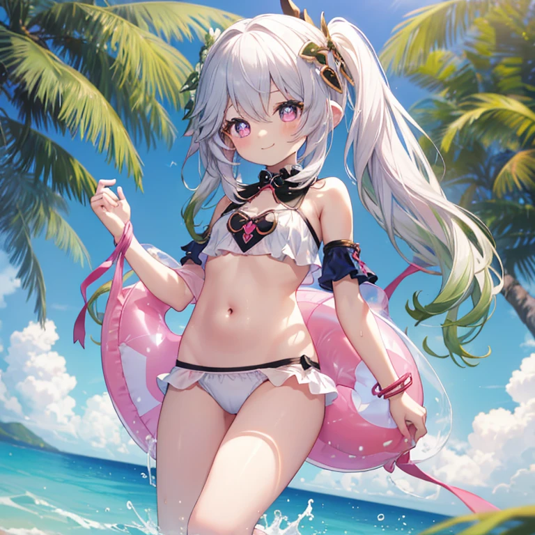 Best Quality, top-quality、(cute petit girl:1.3),Beautiful pink eyes、flat chest、Lori、(Cuteness beyond limits)、Shining thighs、((Cute smile))、tied up with a collar、White swimsuit、Show your belly button