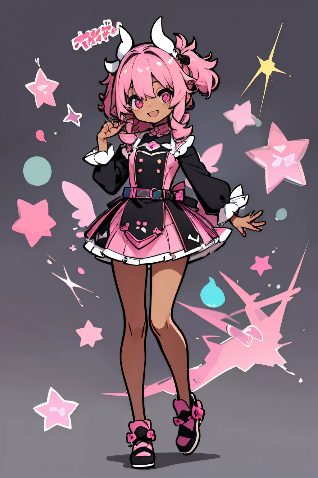 A black girl with, pastel outfit, pink hair, pink eyes, happy, kawaii, black skinned girl