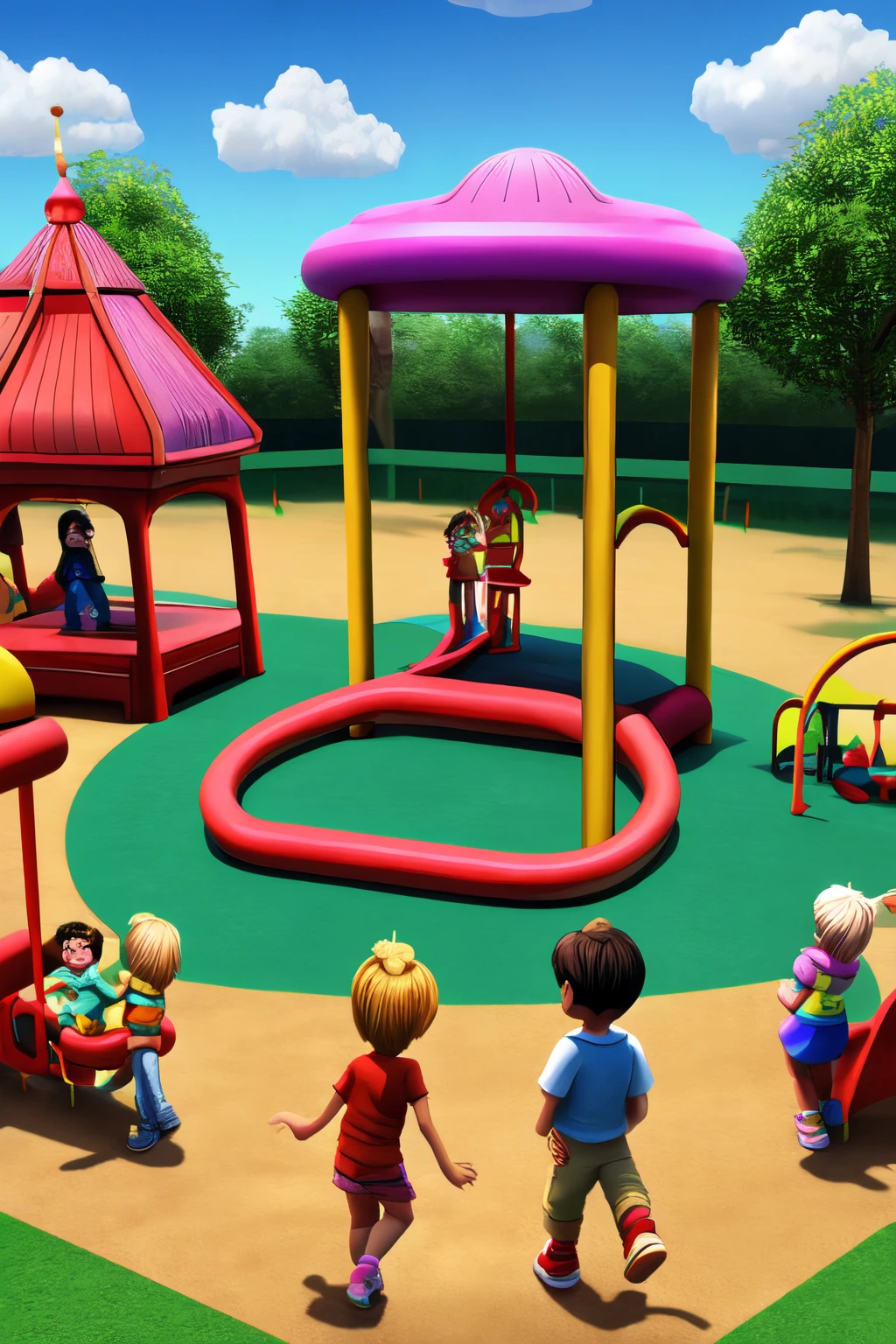 playground，A group of children，children's，dream magical，cartoon image，3D，Background playground