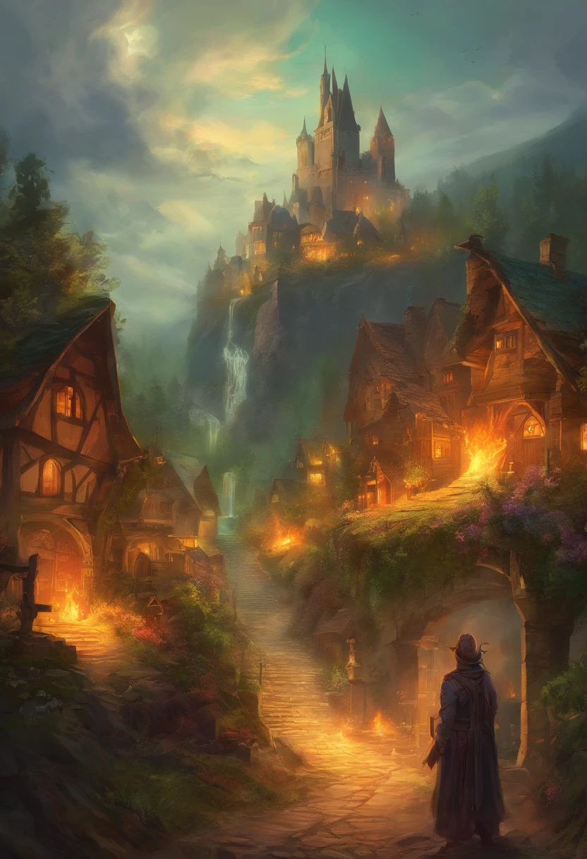Small town caught on fire by a besieging army. the town straddles a road in a large clearing in an otherwise unbroken forest. the POV should be from someone at the treeline, watching the burning homes and people running in panic. the mood should be generally grim and foreboding