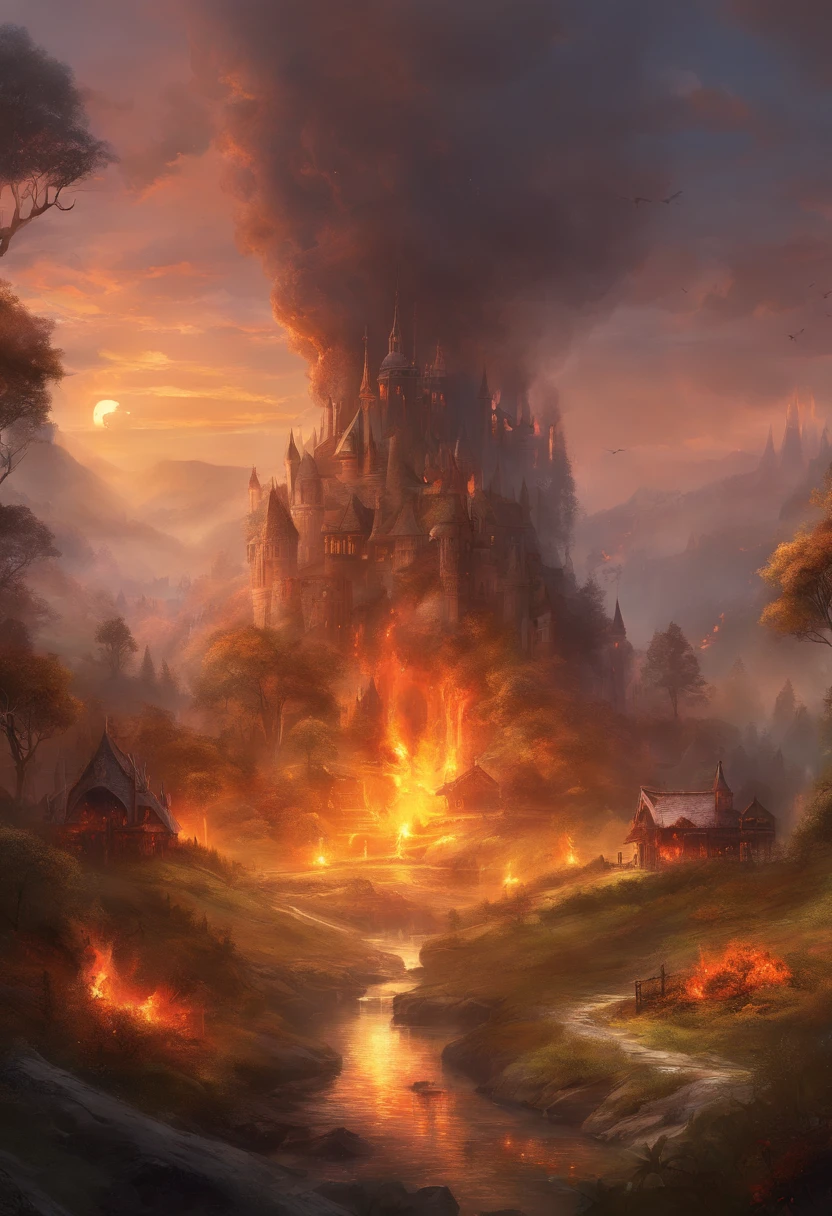 Small town caught on fire by a besieging army. the town straddles a road in a large clearing in an otherwise unbroken forest. the POV should be from someone at the treeline, watching the burning homes and people running in panic. the mood should be generally grim and foreboding