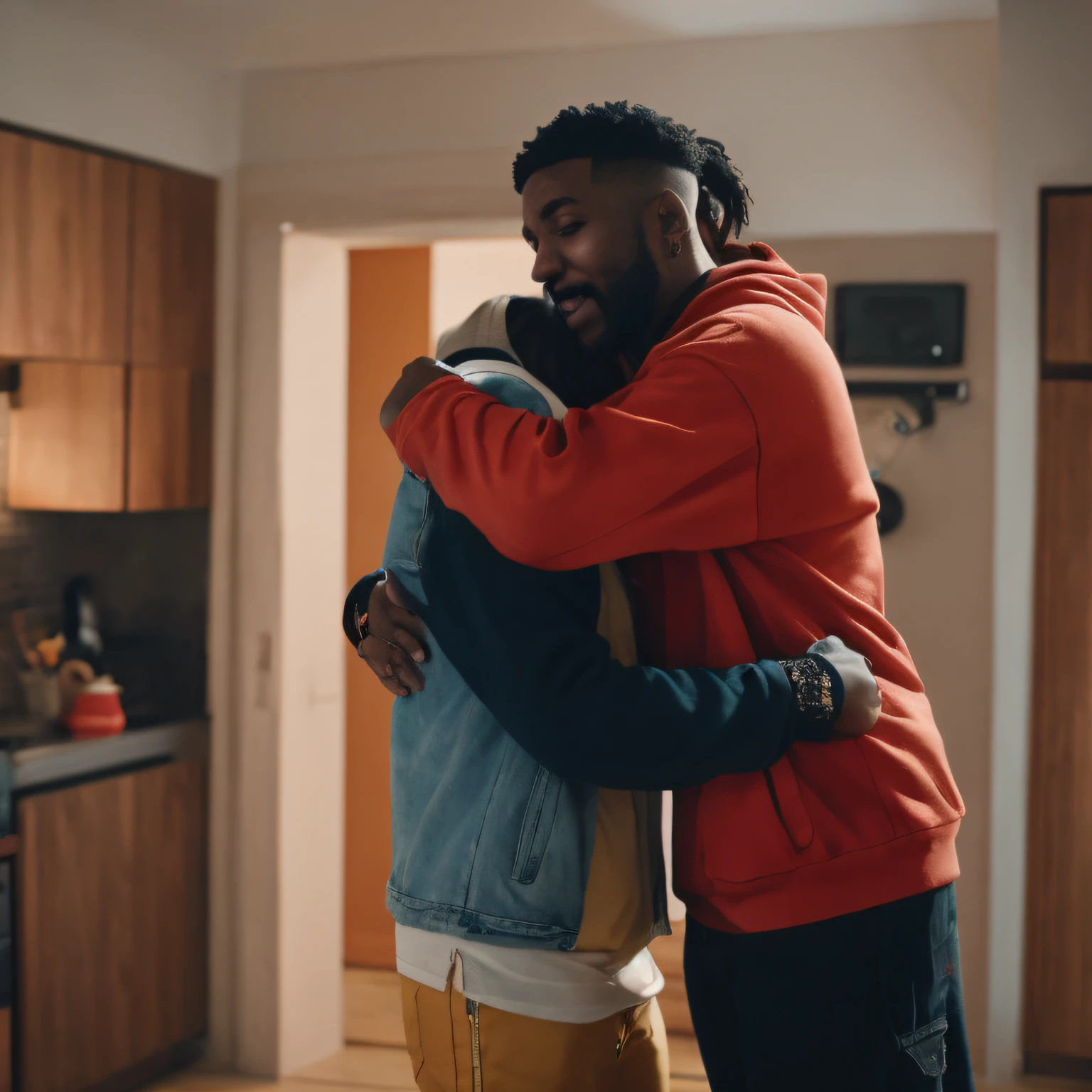 there is a man and a woman hugging each other in a kitchen, two men hugging, Mkbhd, hugging each other, Filmado por Cinematic, Tiro em Sony A 7 III, ainda de um filme, ainda de um filme live action, Cor ainda, FilmStill, hugging, tranquilizador, ainda do filme, chave ainda, still from a music video, tenet