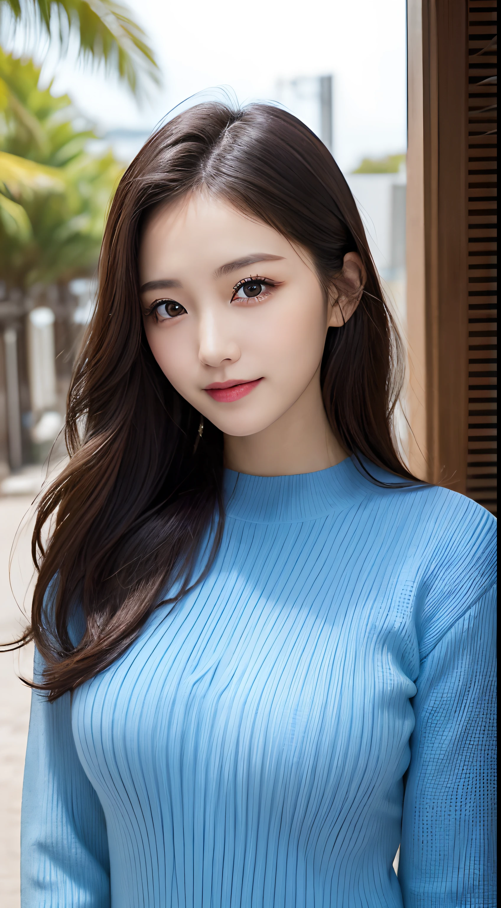 On the table, Best quality at best, 真实感, finely detailled, A high resolution, 8k wallpaper, Perfect dynamic composition, 美丽细致的眼睛, Medium hair, medium chest circumference, Casual and sexy poses,Bring your chest together、(Tight blue sweater)、(Bulging breasts)、A smile、with her mouth open、The tip of the tongue is visible、The resort has beautiful scenery、25 age old、(Sagging eyes1.4)、adult beauty、japanes