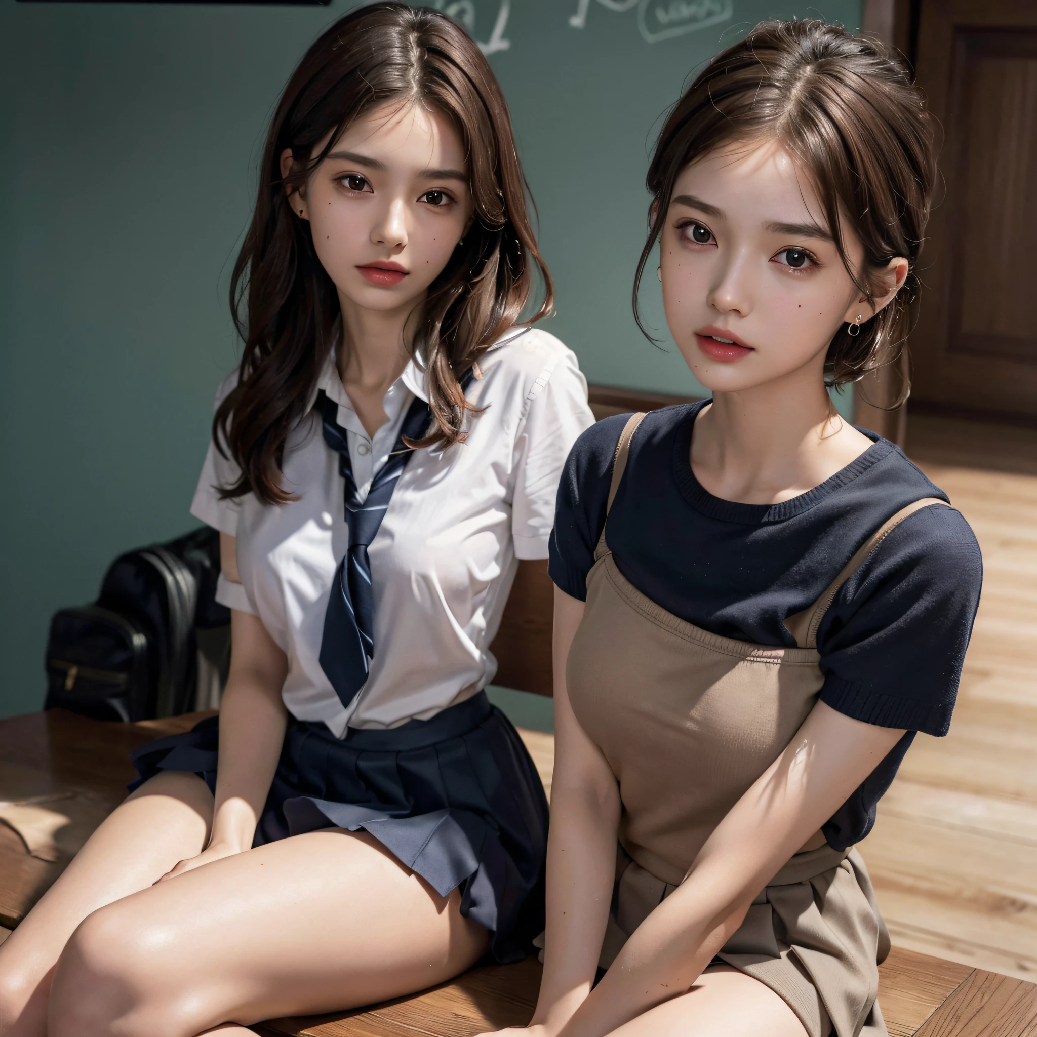 absurderes, Raw photo, Extremely delicate and beautiful, masutepiece, Best Quality, Ultra High Resolution, 16 K, hyper realisitic, Realistic, Photorealistic, Photorealsitic, Ultra-detailed, Perfect Anatomy, super detailed skin, Perfect figure, Very detailed CG 8k wallpaper, in her 20s, Very slim body, Narrow waist, Very small head, Very small face, Delicate facial features, tear moles, Earring, thin legs, (very massive round chest), (Full body shot:1.2), Short hair, (Wavy Hair), (light brown hair:1.2), (Wet clothes), (School uniform:1.3),