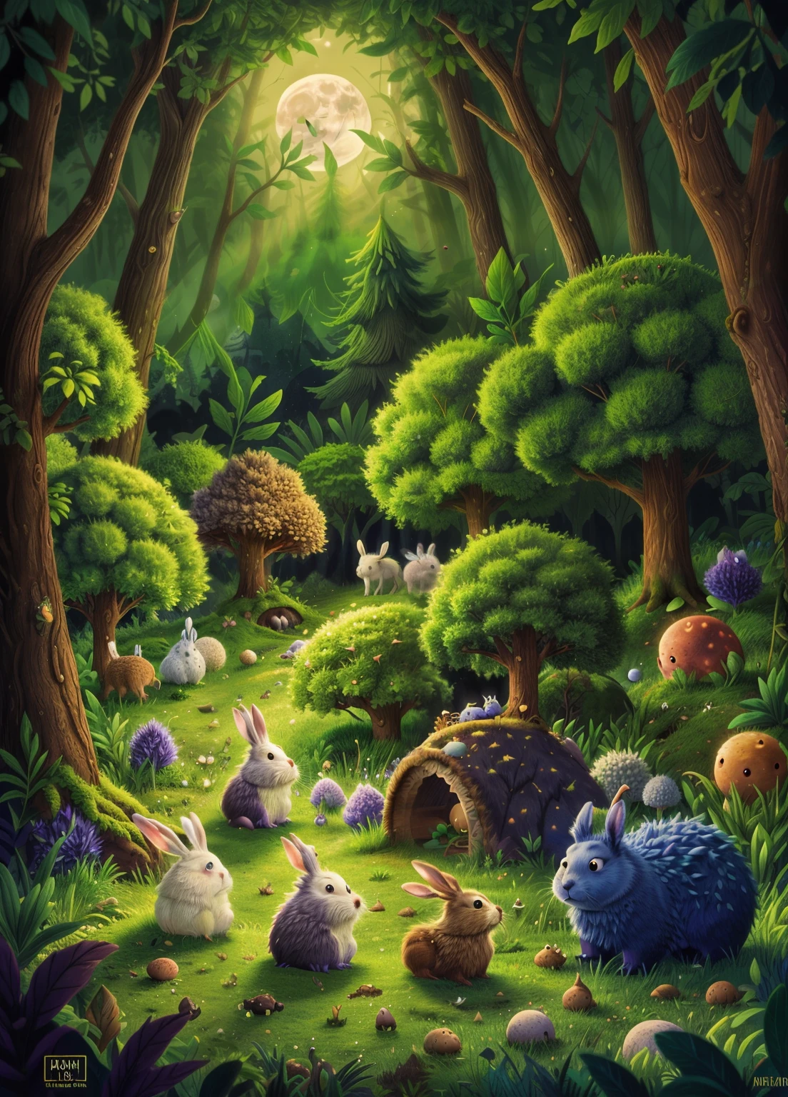 An enchanted forest, The full moon rises from behind the hill, Rabbits and hedgehogs are sitting and looking at the moon